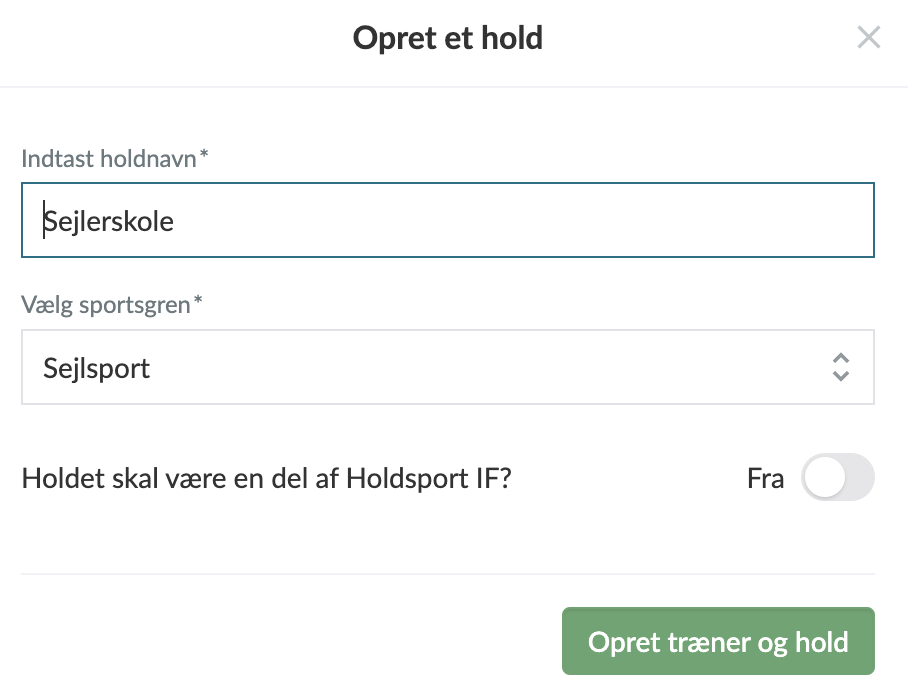 Formularen Opret et hold med indstillingen Holdet skal være en del af klubben slået fra