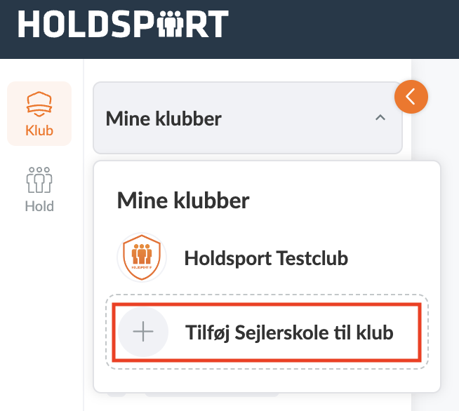 Rullemenuen på klubniveau med Tilføj Sejlerskole til klub