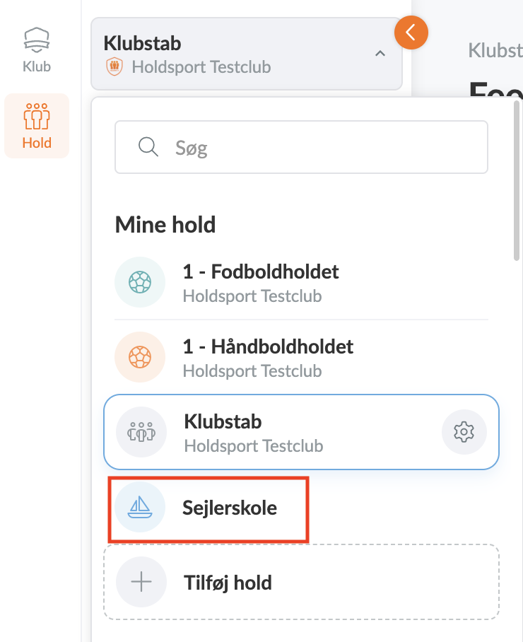 Rullemenuen på holdniveau med det nyoprettede hold Sejlerskole valgt
